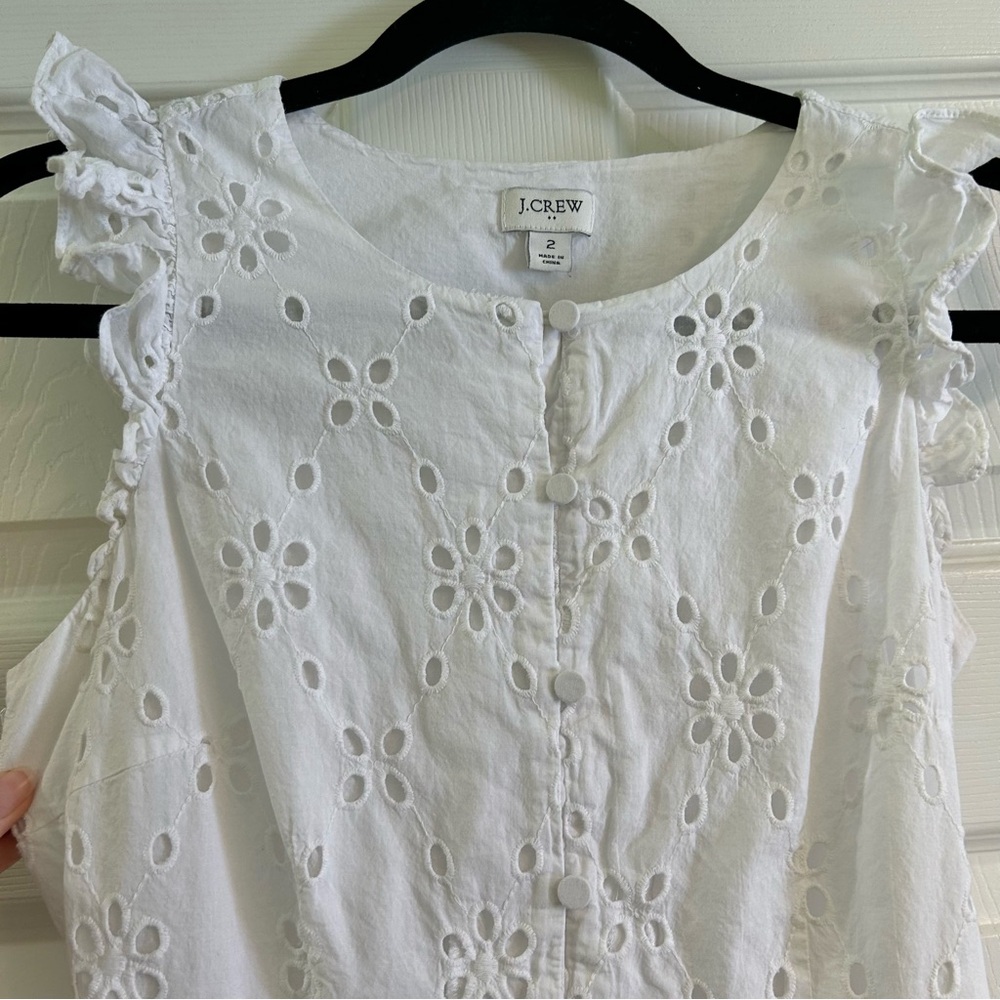 J. Crew White Eyelet Cotton Sundress Sz 2 Shirtdress Summer Bridal Preppy Lace - Picture 8 of 13